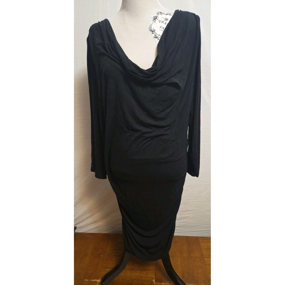 CAbi Women's Dress Sz Large Black Bodycon Ruched Sides Midi Cowl Neck Stretch